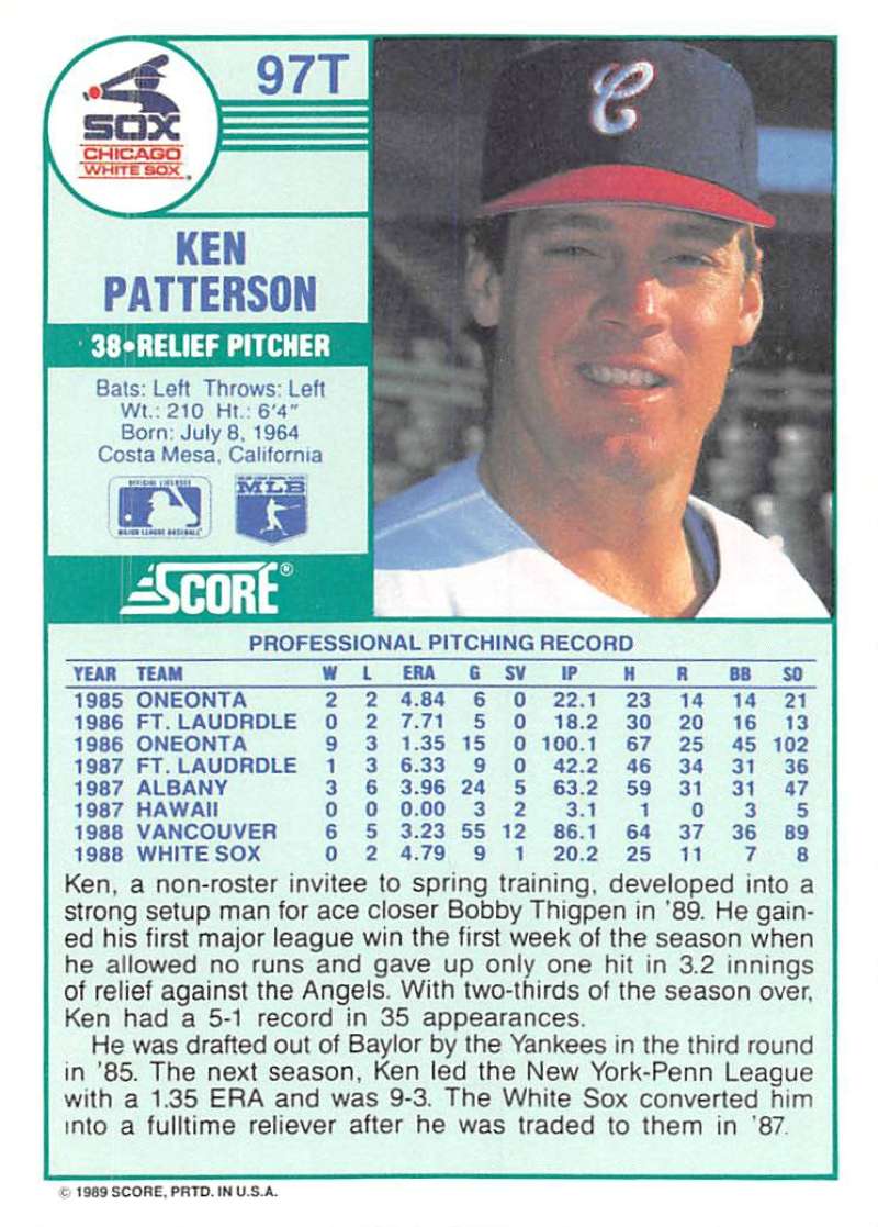 Ken Patterson 1989 Score Rookie/Traded #97T White Sox ID:19235 | eBay