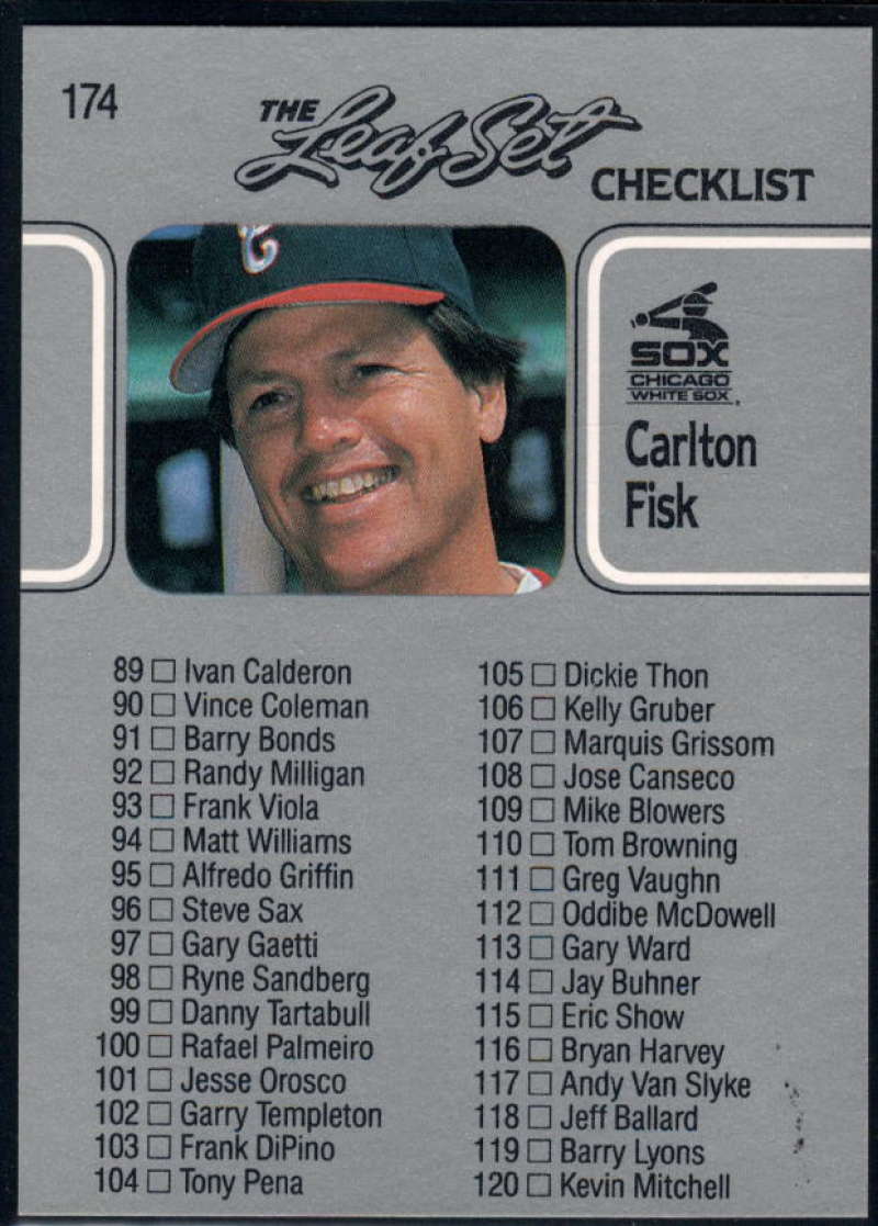 1990 Leaf Baseball #174 Carlton Fisk Chicago White Sox Checklist 89-176  Official MLB Trading Card