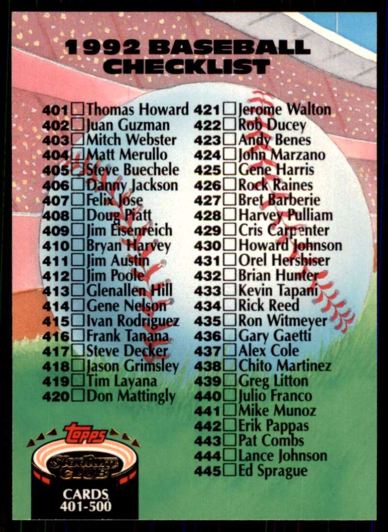 1992 Topps Stadium Club #589 Checklist 401-500 NM-MT Checklist Baseball 