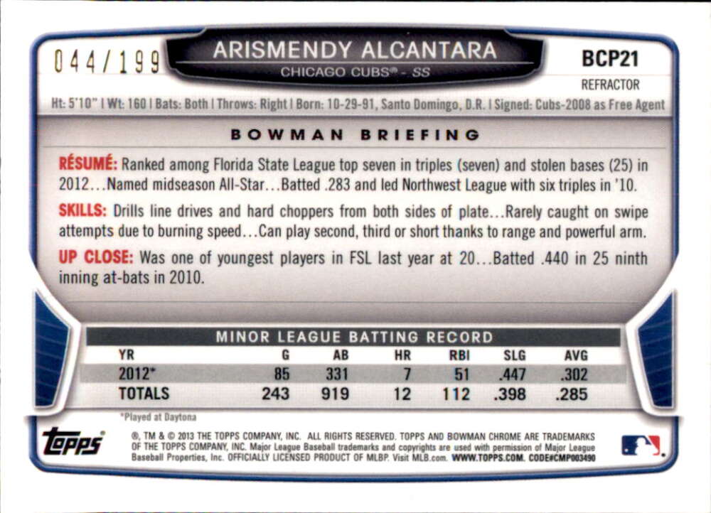 Arismendy Alcantara Chicago Cubs 2013 Bowman Prospect Hometown 