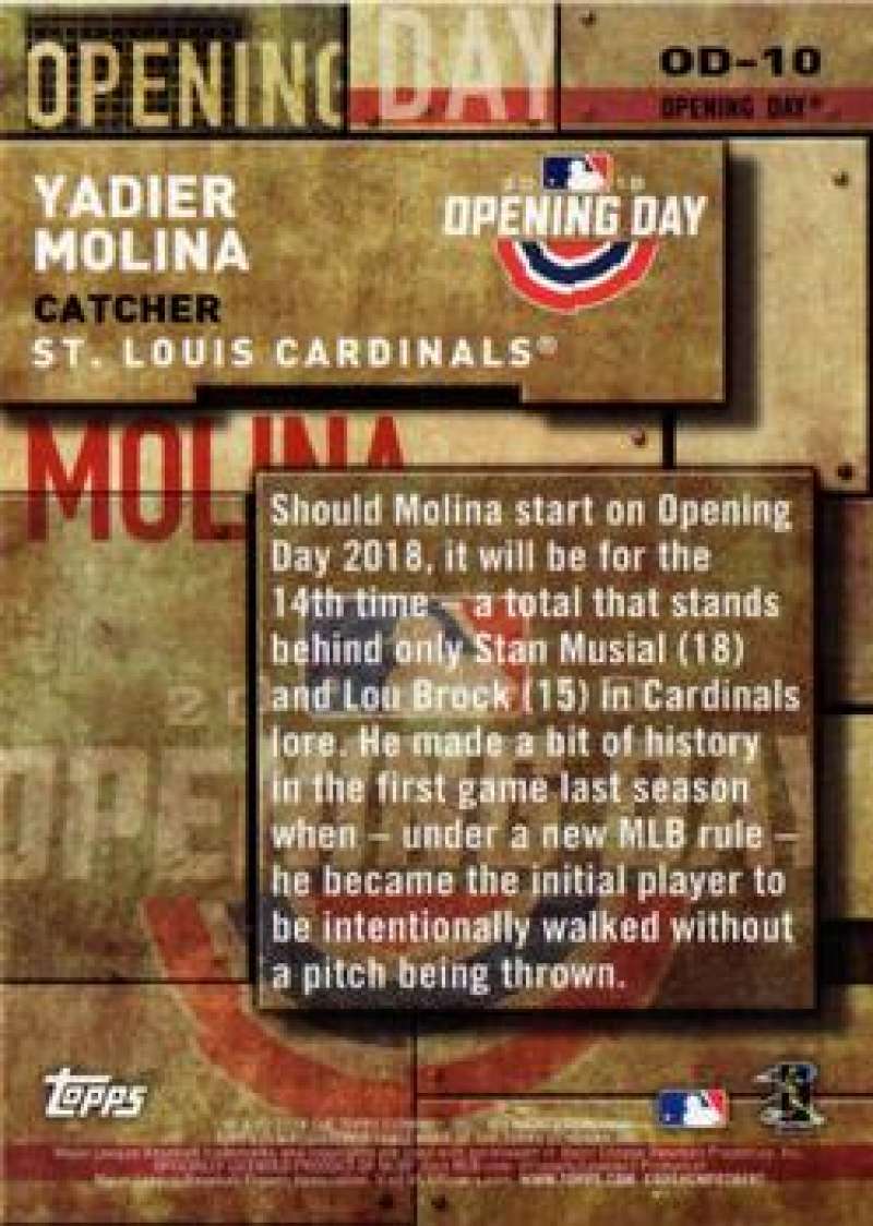 2018 Topps MLB Opening Day #OD-10 Yadier Molina St. Louis Cardinals