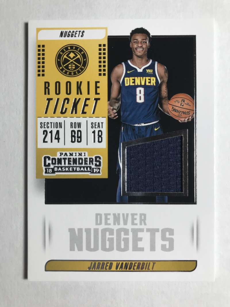 2018-19 Panini Contenders Rookie Ticket Swatch #23 Jarred Vanderbilt RC Jersey Game Used Denver Nuggets  NBA Basketball Trading Card